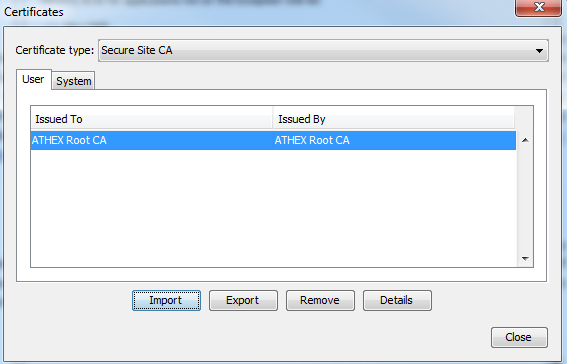 Επιλέγουμε Import. Διαλέγουμε το πιστοποιητικό ATHEX Root CA.cer από το directory όπου είναι αποθηκευμένο.