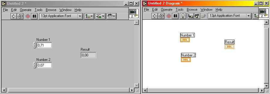 Στο block diagram, εισάγουμε από το Function palette/numeric το σύμβολο add που χρησιμοποιείται για την πρόσθεση αριθμών / πινάκων.