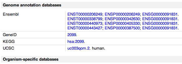 KEGG Από την ιστοσελίδα του Uniprot για το Estrogen receptor alpha, ακολουθείστε το σύνδεσµο hsa:2099 προς τη Β.Δ. KEGG.