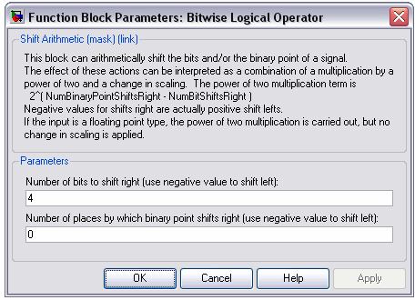 3. Δομικό Στοιχείο Λογικού Τελεστή (Bitwise Logical Operator): Το δομικό αυτό στοιχείο του Stateflow, εκτελεί αριθμητική ολίσθηση (arithmetic shift), δηλαδή μετατοπίζει τα bit ή την υποδιαστολή ενός