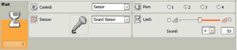 Αναμονή & αισθητήρας ήχου (Wait & Sound Sensor) Αυτή η εντολή λέει στο NXT να περιμένει μέχρι η ένταση του ήχου να αυξηθεί πάνω από ή να μειωθεί κάτω από μία αριθμητική τιμή (κατώφλι).