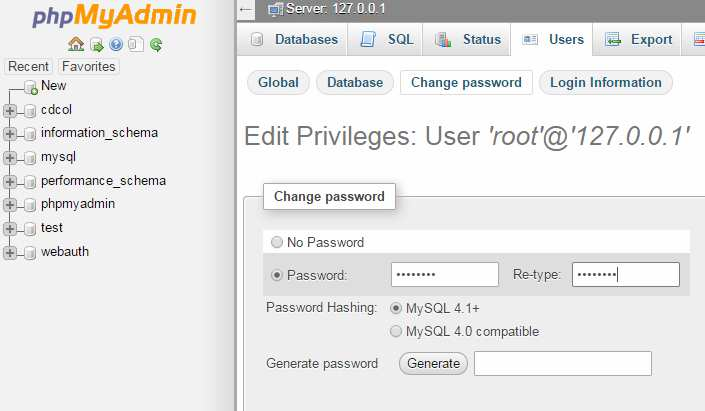 Θα πρέπει να πάµε στο Users και να αλλάξουµε password τον χρήστη root@localhost. 1.6.