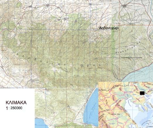 Εικόνα : Τοπογραφικός χάρτης και χάρτης προσανατολισμού της περιοχής έρευνας.. ΚΛΙΜΑ ΒΙΟΚΛΙΜΑ.