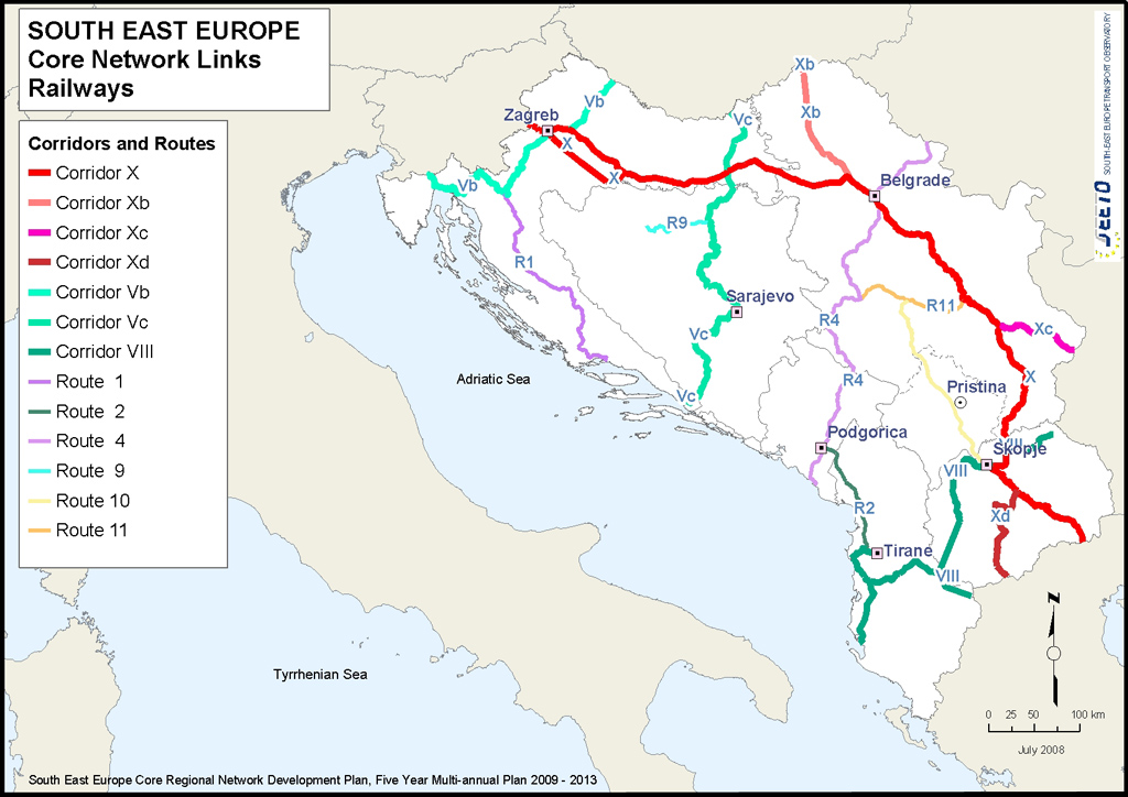 Πηγή: http://www.seetoint.org/index.php?option=com_content&view=article&id=342&itemid=94 πρόσβαση στις 20/01/10 Σχήμα 3.3. Διάδρομοι και Άξονες του Σιδηροδρομικού Δικτύου Πυρήνα VII (Δούναβης) Κροατία / Σερβία (137,5 χλμ.