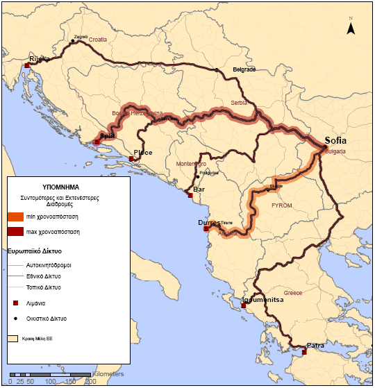 Πηγή: Ίδια επεξεργασία Χάρτης 6.10. Σενάριο 5: Συντομότερη και εκτενέστερη διαδρομή από τον Κόμβο Β (Σόφια) προς τη ζώνη λιμένων της Αδριατικής Στους Πίνακες 6.19 και 6.