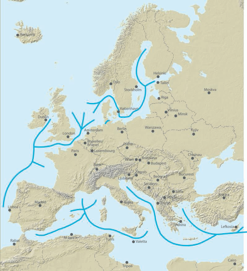 Σχηματική απεικόνιση: Έργο Προτεραιότητας 21 Θαλάσσιοι αυτοκινητόδρομοι (Motorways of the Sea, MoS) Σκοπιμότητα: Βελτίωση της προσβασιμότητας των σημαντικότερων Ευρωπαϊκών λιμένων,