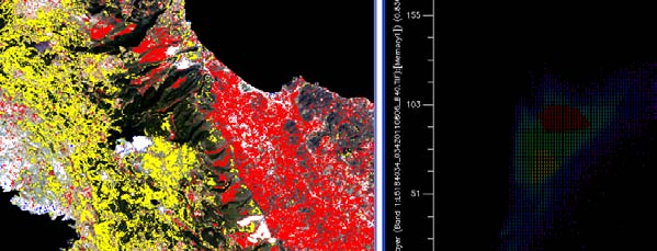 Από το μενού της κύριας οθόνης επιλέγουμε Tools > 2D Scatter Plots και εξετάζουμε τις συσχετίσεις ανάμεσα στις μπάντες. Εδώ έχει επιλεγεί να δούμε τη σχέση ανάμεσα στην 1 η και 4 η μπάντα.