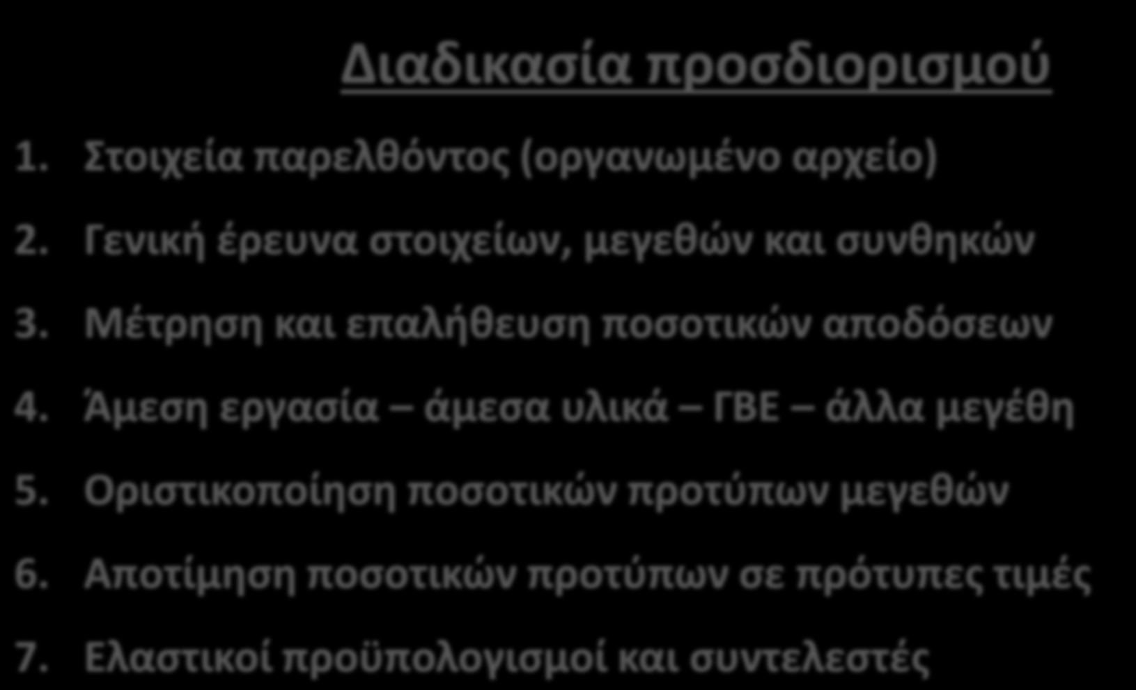 Πρότυπη Κοστολόγηση (Standard Costing) Διαδικασία προσδιορισμού 1. Στοιχεία παρελθόντος (οργανωμένο αρχείο) 2. Γενική έρευνα στοιχείων, μεγεθών και συνθηκών 3.