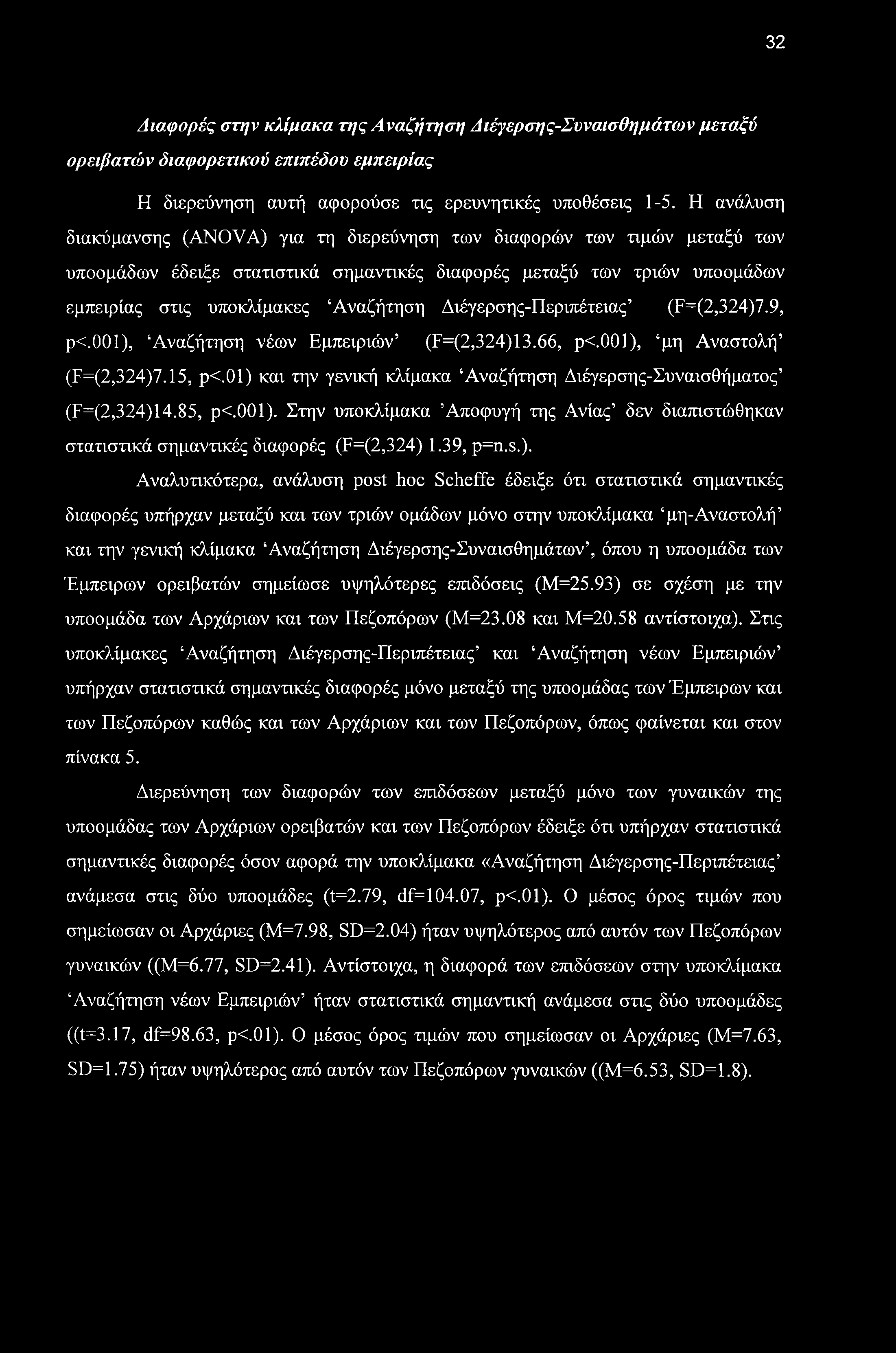 32 Διαφορές στην κλίμακα της Αναζήτηση Διέγερσης-Συναισθημάτων μεταξύ ορειβατών διαφορετικού επιπέδου εμπειρίας Η διερεύνηση αυτή αφορούσε τις ερευνητικές υποθέσεις 1-5.