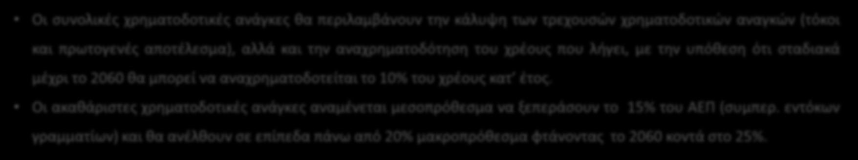 Βασικό σενάριο: χρηματοδοτικές ανάγκες Οι συνολικές χρηματοδοτικές ανάγκες θα περιλαμβάνουν την κάλυψη των τρεχουσών χρηματοδοτικών αναγκών (τόκοι και πρωτογενές αποτέλεσμα), αλλά και την