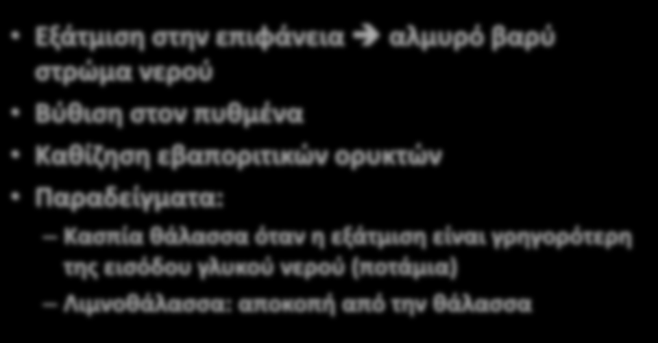 Εξάτμιση στην επιφάνεια αλμυρό βαρύ στρώμα νερού Βύθιση στον πυθμένα Καθίζηση εβαποριτικών ορυκτών Παραδείγματα: