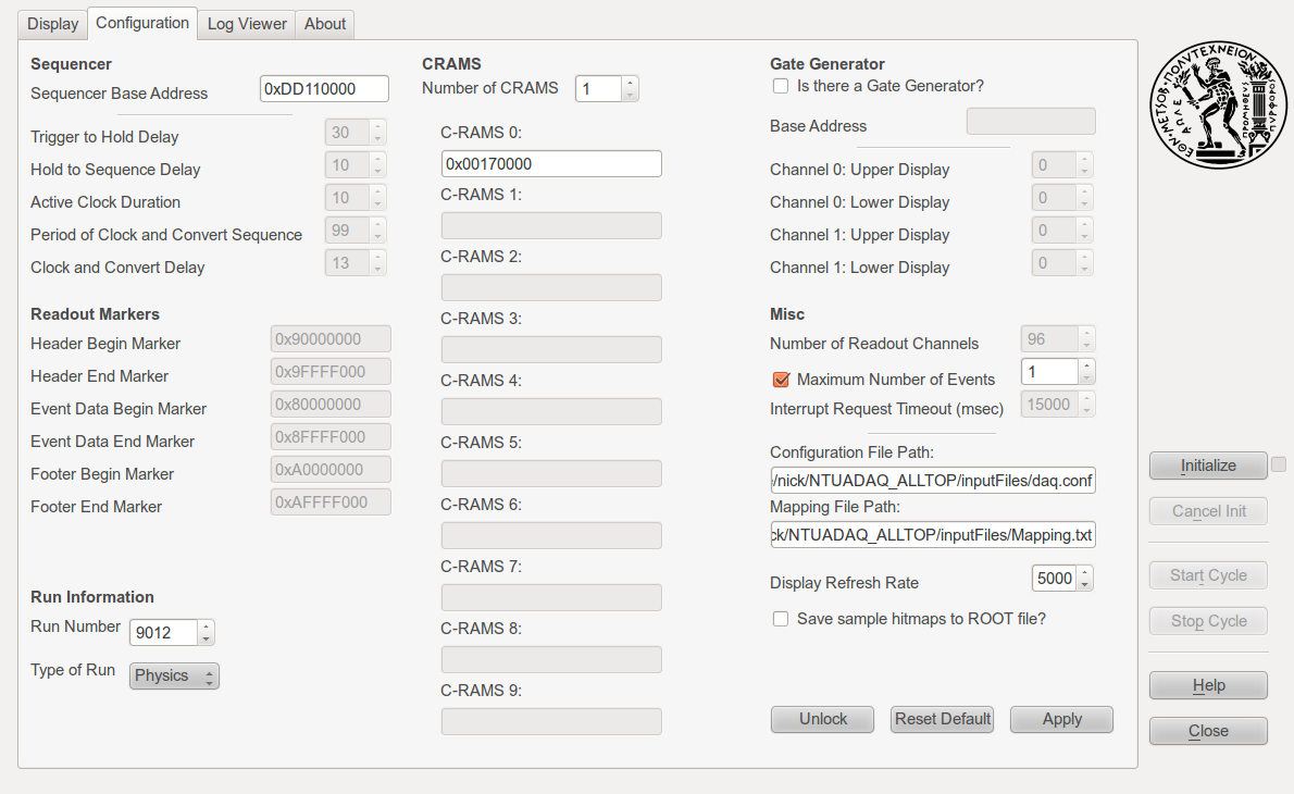 Figure 3.4: Snapshot of the configuration tab. Display Refresh Rate: The number in the spinbox is the rate that the display of the histograms under the display tab will be refreshed.