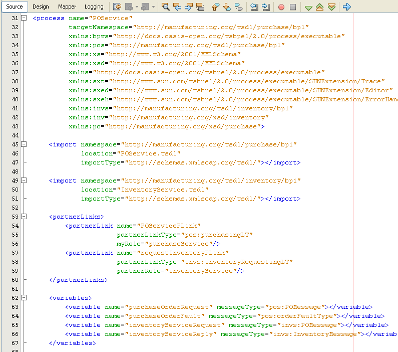 Σχήμα 6-15 Το παράθυρο source 6.5.3 Mapper View Το παράθυρο Mapper παρέχει ένα πλαίσιο για την επεξεργασία και τη διαχείριση των δεδομένων BPEL.