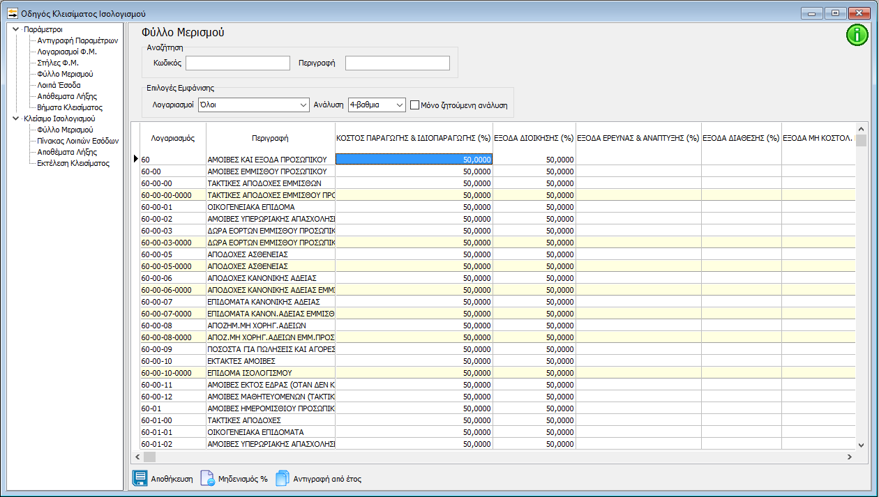 5.1.4 Φύλλο Μερισμού Μετά την αντιγραφή των παραμέτρων εμφανίζεται ο πίνακας στον οποίο συμπληρώνονται τα ποσοστά επιμερισμού ανά Ομάδα Λογαριασμού που αφορούν το κόστος και τα οποία θα μεταφερθούν