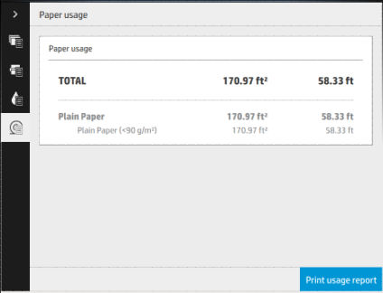 Paper usage (Χρήση χαρτιού): Η ποσότητα χαρτιού που χρησιμοποιήθηκε και το σύνολο στο επάνω μέρος, χωρισμένο σε κατηγορίες ή οικογένειες χαρτιού: Η χρήση φαίνεται σε κάθε επίπεδο.