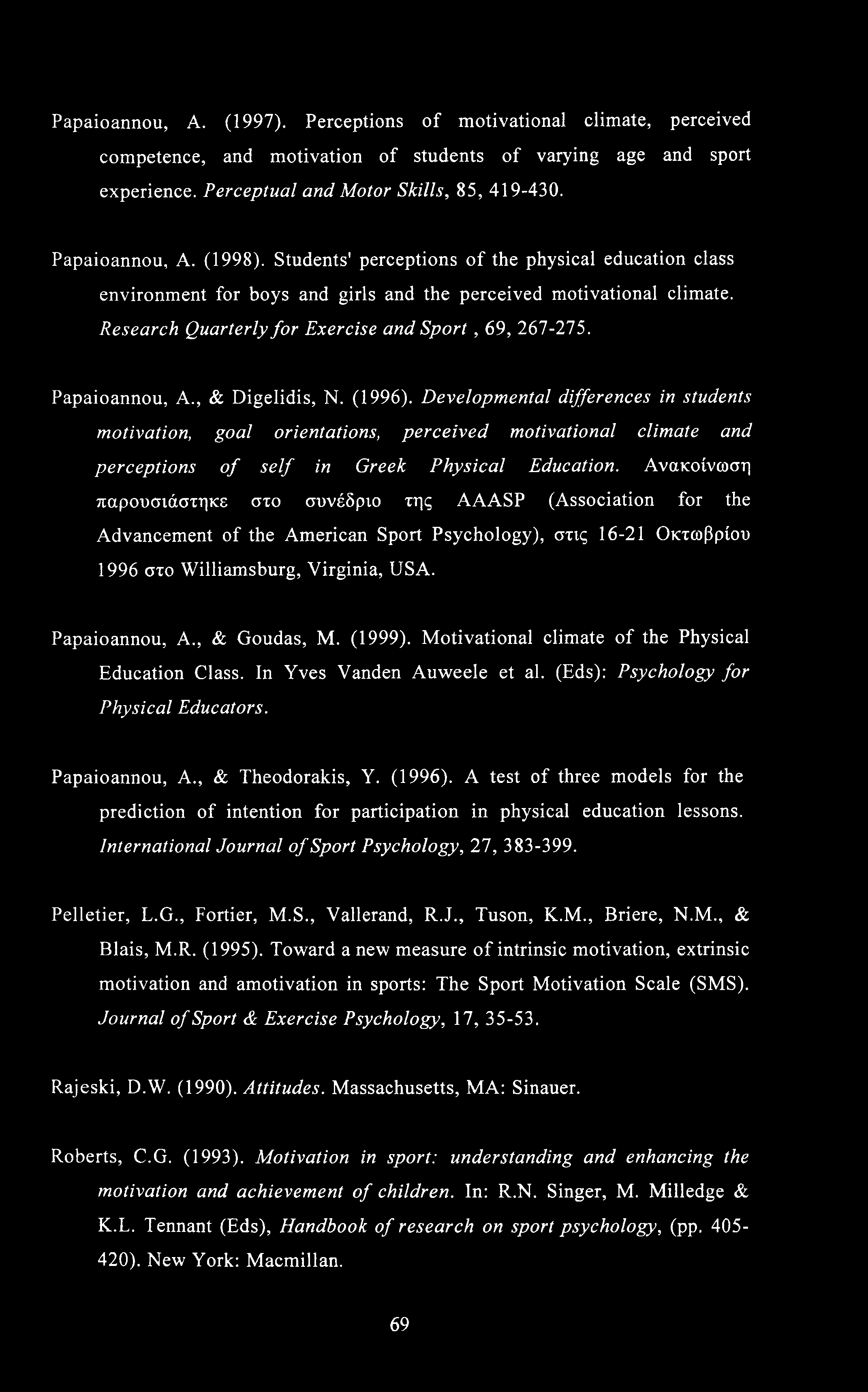 Papaioannou, A. (1997). Perceptions of motivational climate, perceived competence, and motivation of students of varying age and sport experience. Perceptual and Motor Skills, 85, 419-430.