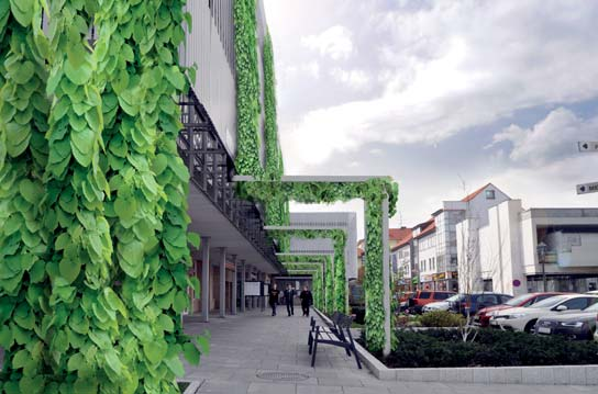 ENVIROTÉMA Vizualizácia - takto by po dvoch - troch rokoch mala vyzerať ozelenená" budova Mestského úradu v Trnave, dole pohľad z boku Trnava bojuje proti zmene klímy zelenými opatreniami Dôsledky
