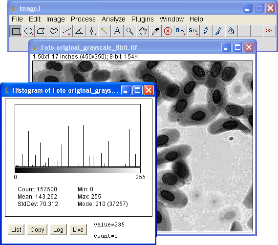 1. Comanda pentru îmbunătăţirea contrastului: Process -> Enhance Contrast. 2. Apare o fereastră de dialog în care se bifează opţiunea <<Equalize histogram>>. La final, se apasă butonul OK. 3.