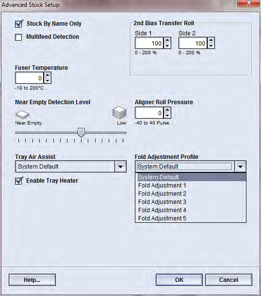 Προηγμένη ρύθμιση μέσου εκτύπωσης Από το αναπτυσσόμενο μενού Fold Adjustment Profile (Προφίλ ρύθμισης δίπλωσης), επιλέξτε το επιθυμητό προφίλ, όπως απαιτείται.