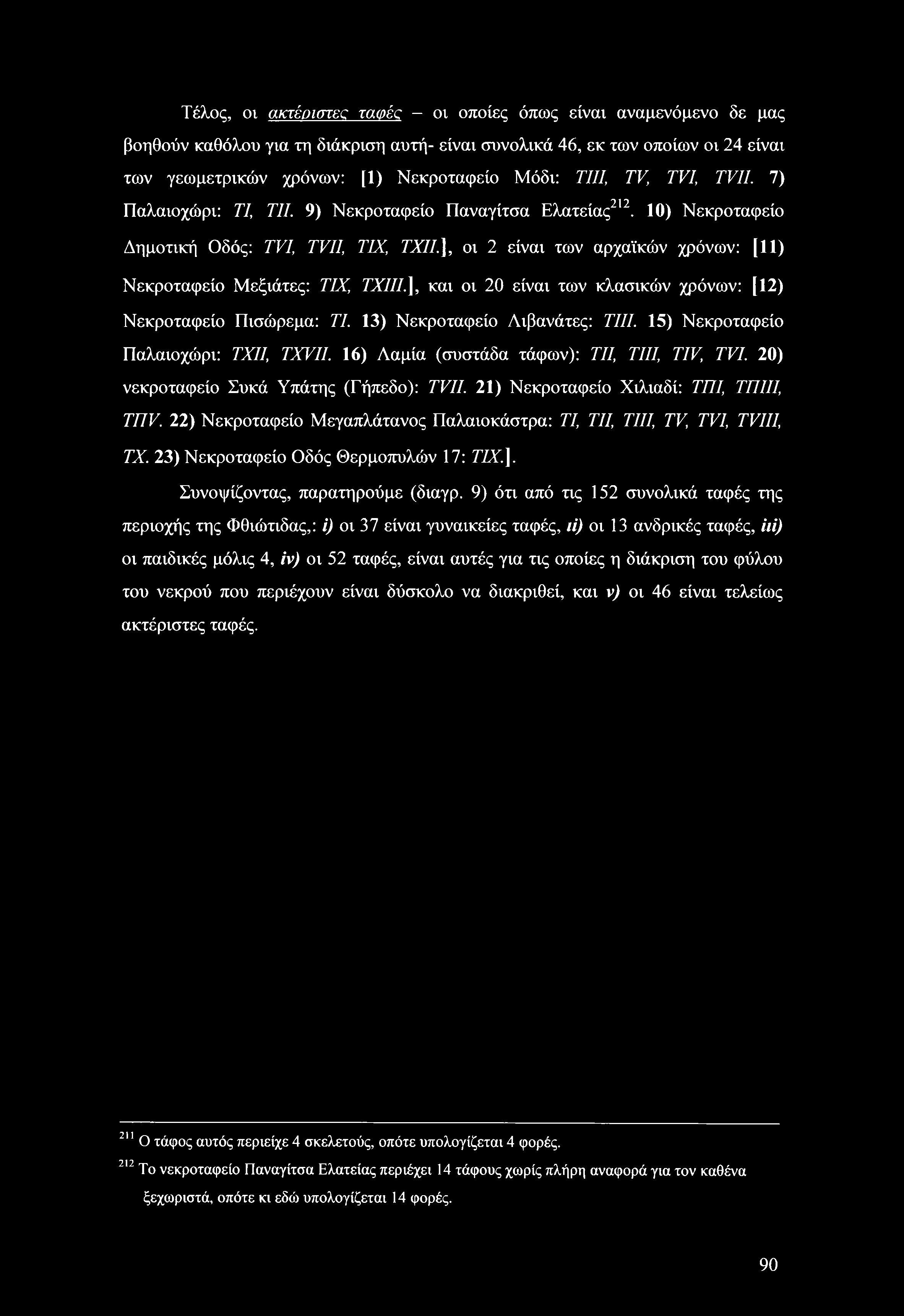 Τέλος, οι ακτέοιστεζ ταφές - οι οποίες όπως είναι αναμενόμενο δε μας βοηθούν καθόλου για τη διάκριση αυτή- είναι συνολικά 46, εκ των οποίων οι 24 είναι των γεωμετρικών χρόνων: [1) Νεκροταφείο Μόδι: