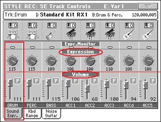 Με άλλα λόγια ας υποθέσουμε ότι στην Drums έχουμε μια ένταση όπως το παρακάτω εικονίδιο, στο ποτενσιόμετρο Volume 111 <κάτω> και ποσοστό Expression 115 <πάνω>.