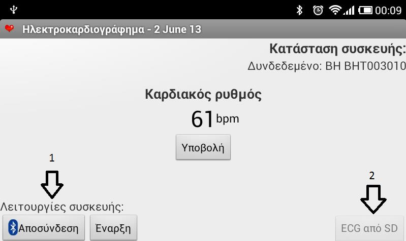 1. ΕΝΑΡΞΗ: Πατώντας αυτό το κουμπί ξεκινά η καταγραφή των καρδιακών παλμών και του ηλεκτροκαρδιογραφήματος. 1.