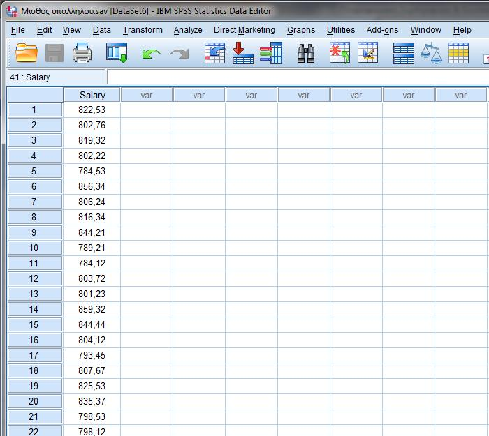 Ξεκινάμε δημιουργώντας την μεταβλητή salary στο Variable View στο SPSS και στη συνέχεια καταχωρούμε στο Data View τα δεδομένα του παραπάνω πίνακα.