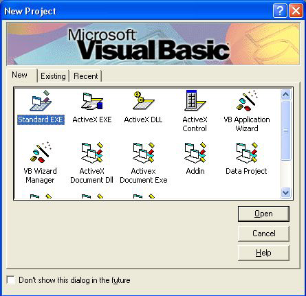 Περιβάλλον της Visual Basic 6 Με την εκκίνηση της VB θα εμφανιστεί αμέσως ένας οδηγός επιλογής του τύπου του προγράμματος ή στοιχείου που επιθυμούμε να δημιουργήσουμε.