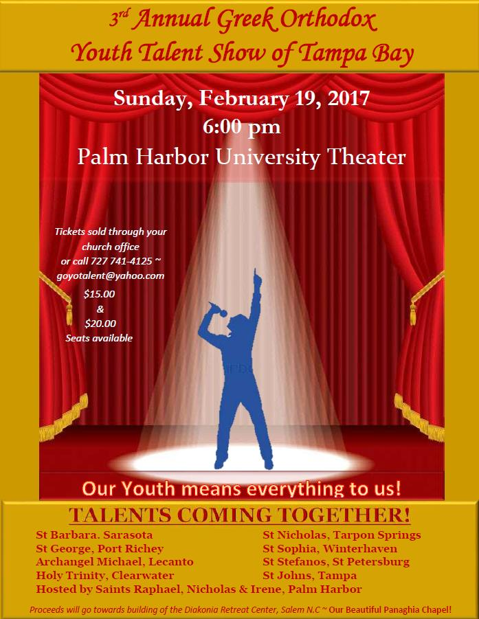 GET YOUR TICKETS TODAY! Tickets to the Youth Talent Show of Tampa Bay are now available for purchase through the St Nicholas Parish Office.
