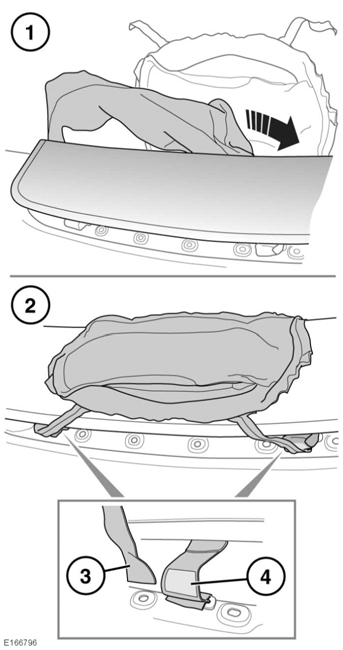 Μετά από σύγκρουση 1. Διπλώστε και τα δύο πλευρικά πλαίσια του αερόσακου κατά μήκος του οχήματος και κάτω από το κάλυμμα του αερόσακου. 2.