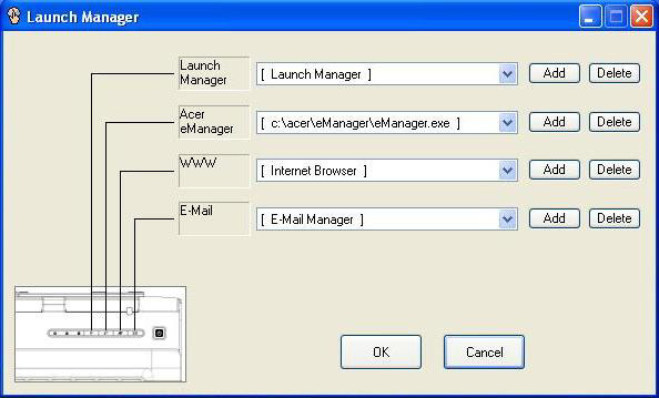 49 Launch Manager Το Acer Launch Manager σας επιτρέπει να ρυθµίσετε τα προγραµµατιζόµενα πλήκτρα εκκίνησης, περιλαµβανοµένων του προεπιλεγµένου πλήκτρου αλληλογραφίας και του πλήκτρου πλοηγού