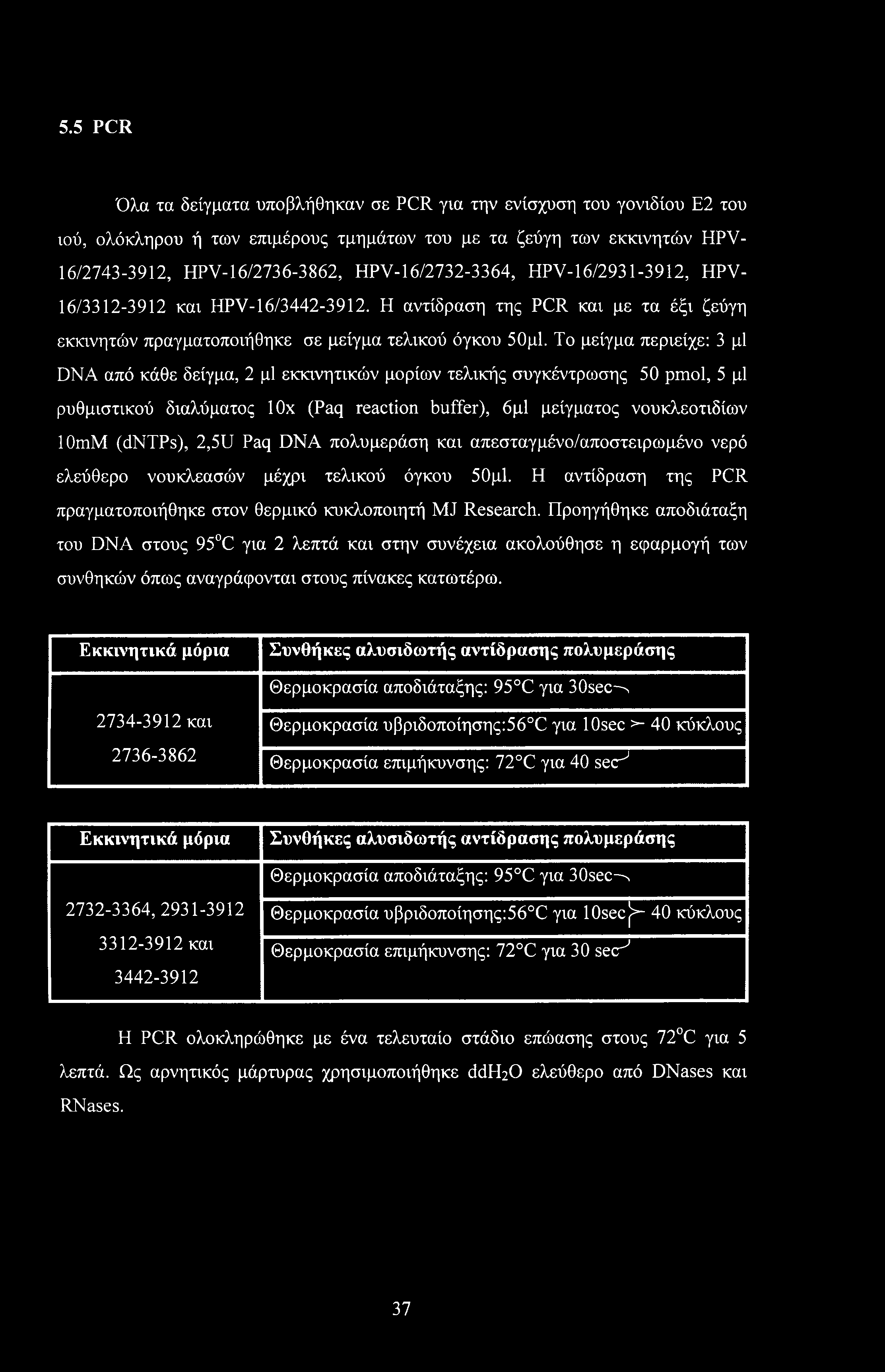 5.5 PCR Όλα τα δείγματα υποβλήθηκαν σε PCR για την ενίσχυση του γονιδίου Ε2 του ιού, ολόκληρου ή των επιμέρους τμημάτων του με τα ζεύγη των εκκινητών HPV- 16/2743-3912, HPV-16/2736-3862,