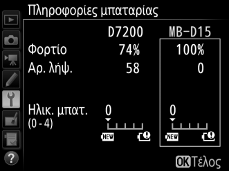 Πληροφορίες Μπαταρίας Κουμπί G B μενού ρυθμίσεων Εμφανίστε πληροφορίες σχετικά με την μπαταρία που είναι τοποθετημένη στη φωτογραφική μηχανή. Στοιχείο Φορτίο Αρ. λήψ. Ηλικ. μπατ. Περιγραφή Το τρέχον επίπεδο φορτίου της μπαταρίας εκφράζεται σε ποσοστιαία μορφή.