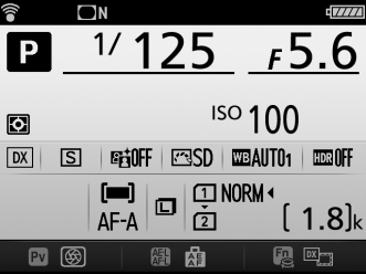 Όταν εισάγεται μία κάρτα Eye-Fi, η κατάστασή της επισημαίνεται από ένα εικονίδιο στην οθόνη πληροφοριών: d: Η αποστολή Eye-Fi είναι απενεργοποιημένη.