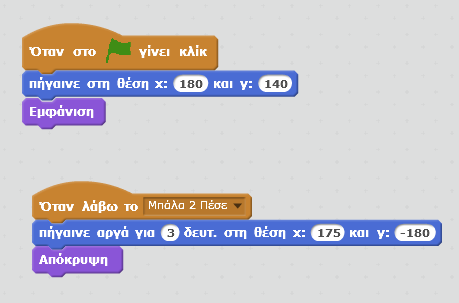 Pico γίνει 0 (που είναι ταυτόχρονα και η θέση της πρώτης µπάλας) δίνει διαταγή στην πρώτη µπάλα να πέσει.