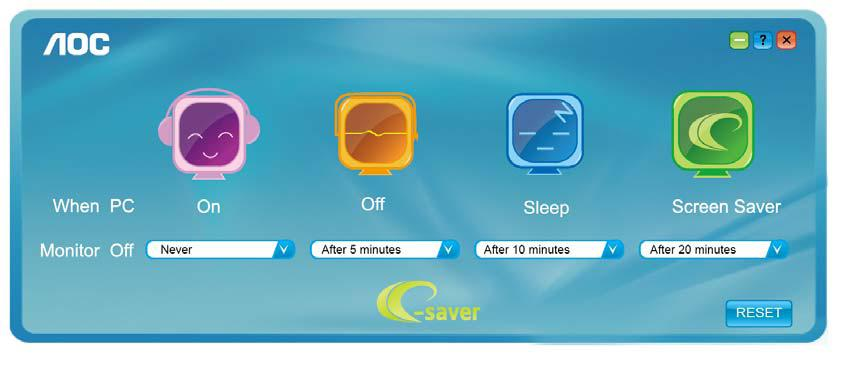 e-saver Καλωσορίσατε στη χρήση του λογισμικού διαχείρισης ενέργειας της οθόνης e Saver της AOC!
