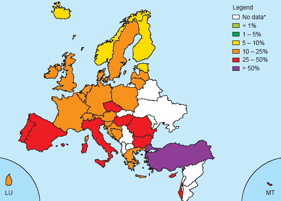 Εικόνα 22. Γεωγραφική απεικόνιση του ποσοστού ανθεκτικών στελεχών Escherichia coli σε φλουοροκινολόνες το 2008. Πηγή: www.rivm.