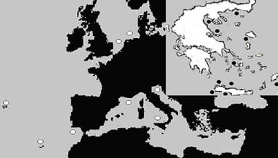 9 ο Πανελλήνιο Συμπόσιο Ωκεανογραφίας & Αλιείας 2009 - Πρακτικά, Τόμος ΙΙ Εικ. 1: Χάρτης σταθμών δειγματοληψίας ατόμων M.surmuletus (απεικονίζονται με άσπρο χρώμα στην Ευρώπη και μαύρο στην Ελλάδα).