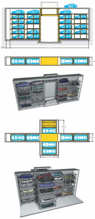 Parkirni sistemi Poluautomatski parkirni ssistem omogućuje parkiranje do 23 automobila. Za veoma uske i dugačke dimenzije objekata (Slimparker).