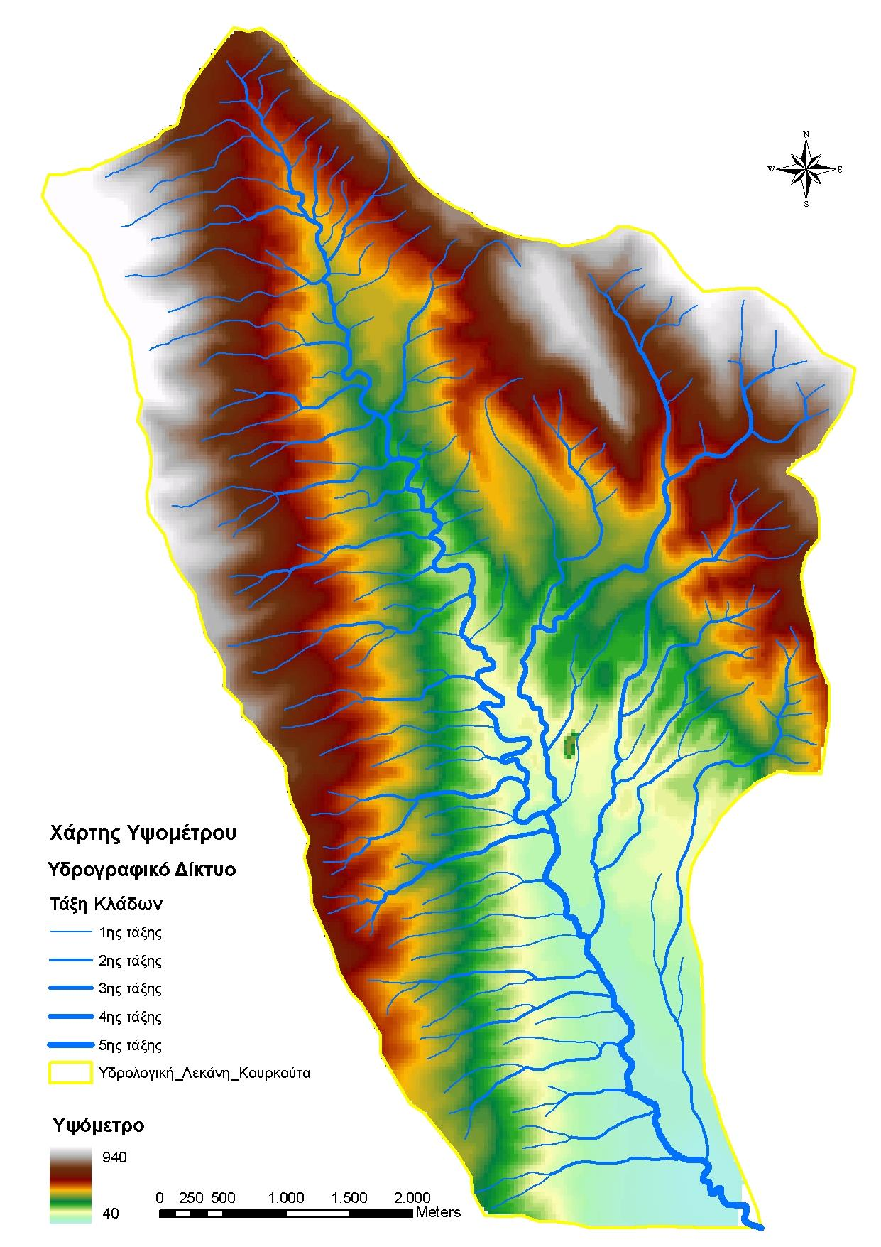 Χάρτης Ψηφιακού μοντέλου εδάφους της λεκάνης απορροής του