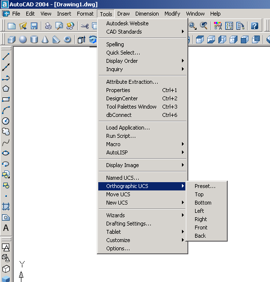 Από το πτυσσόμενο μενού Tools>Orthographic UCS. Το WCS (World Coordinate System) είναι το παγκόσμιο σύστημα συντεταγμένων ως προς το οποίο ορίζονται και τα υπόλοιπα.