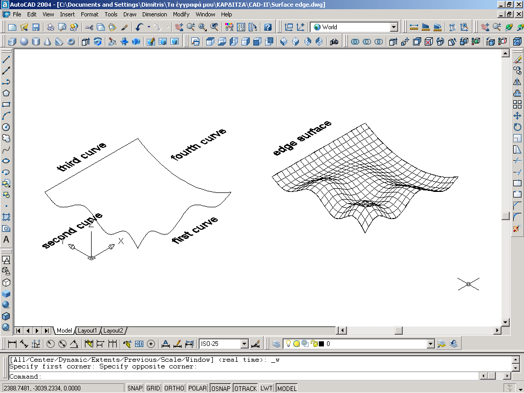 Από το πτυσσόμενο μενού Draw>Surfaces>Edge Surface Edgesurf To AutoCad αποκρίνεται ως εξής: Select object 1 for surface edge: Select object 2 for surface