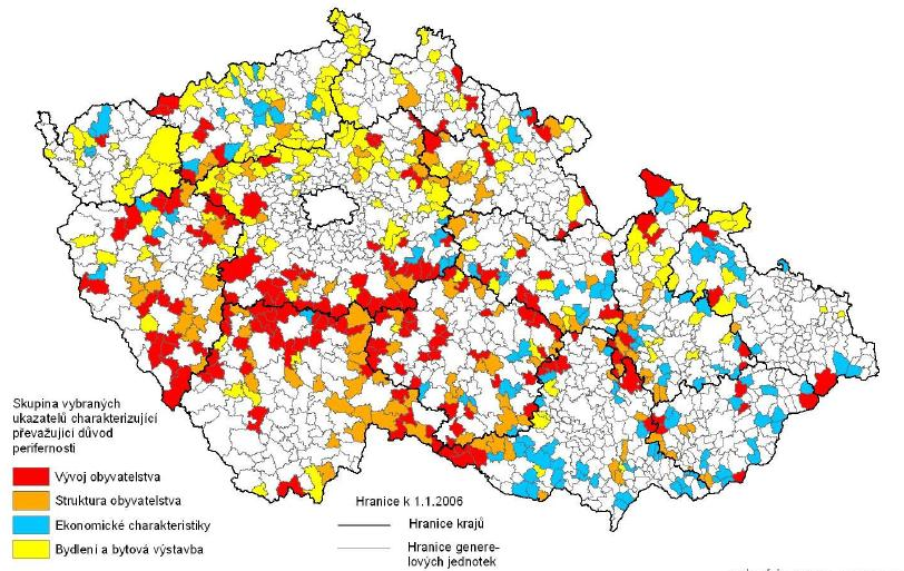 Obr. 2: Periférne regióny Českej republiky v roku 2001 podľa ÚRS Praha 2007 (Halás, 2008) 3.