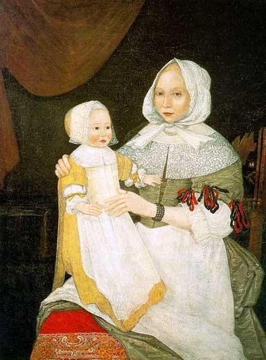 "Mrs. Freake and baby". This portrays women's style and culture in Colonial America.