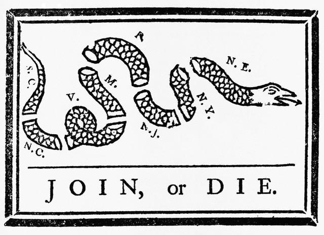 «Join, or Die» «Join, or Die» («ενωμένοι ή νεκροί»):, πρωτοδημοιεύτηκε στο Pennsylvania