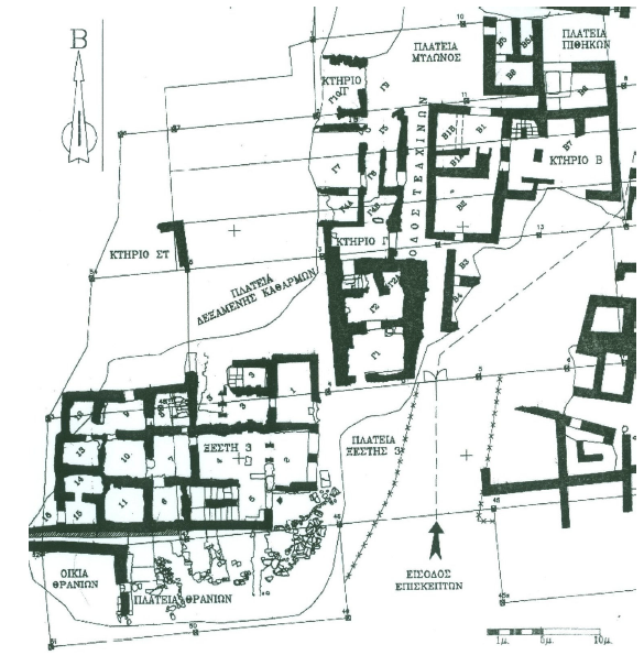 24 Κεφάλαιο 1: Εισαγωγή Σχήμα 1.1: Τμήμα από το τοπογραφικό διάγραμμα του αρχαιολογικού χώρου στο Ακρωτήρι Θήρας. Σχέδιο των Αξιώτη-Σάλη και Κριτσωτάκη. Έχει ληφθεί από το [2].