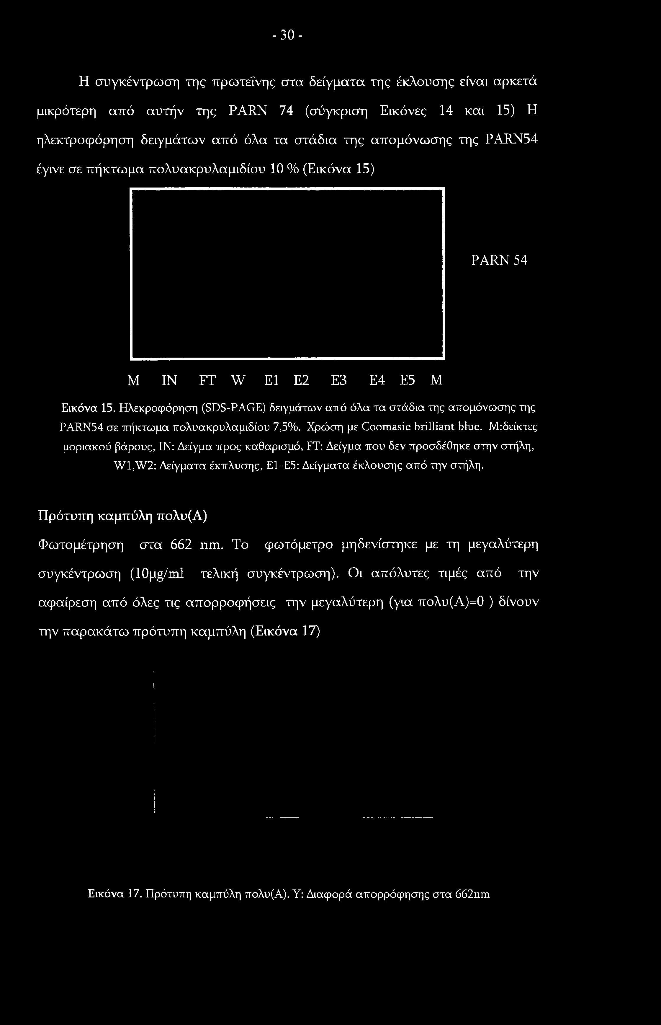 -30- Η συγκέντρωση της πρωτεΐνης στα δείγματα της έκλουσης είναι αρκετά μικρότερη από αυτήν της PARN 74 (σύγκριση Εικόνες 14 και 15) Η ηλεκτροφόρηση δειγμάτων από όλα τα στάδια της απομόνωσης της