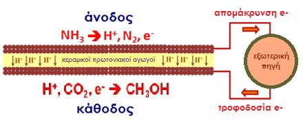 Λειτουργία κυψελών καυσίμου Σροφοδοσία ΝΗ 3 Η αμμωνία θεωρείται προνομιακός φορέας του H 2, λόγω της υψηλής ογκομετρικής πυκνότητας υδρογόνου, της διάσπασής της στις θερμοκρασίες λειτουργίας των